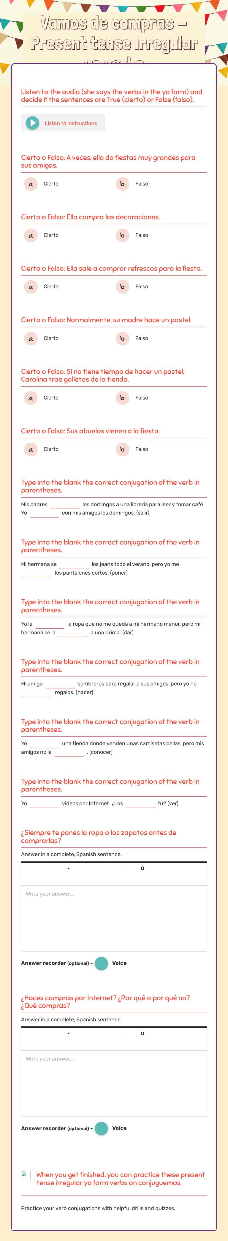 Vamos de compras -  Present tense Irregular yo verbs worksheet preview image