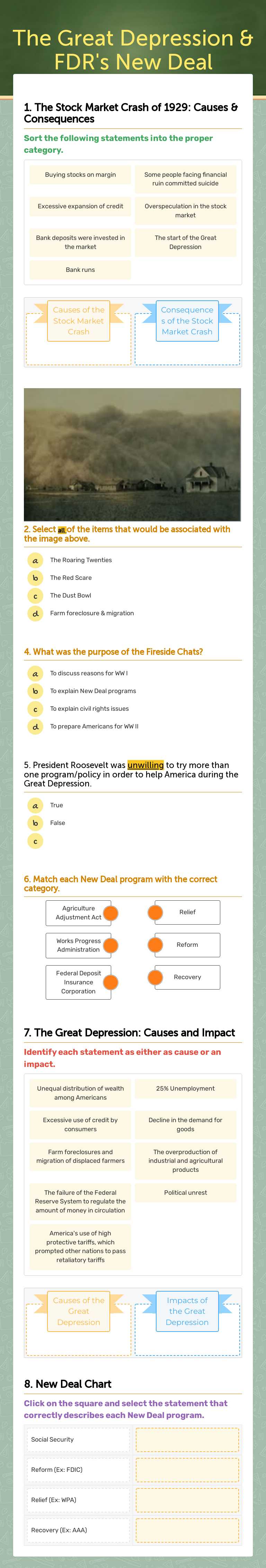The Great Depression & FDR's New Deal worksheet preview image