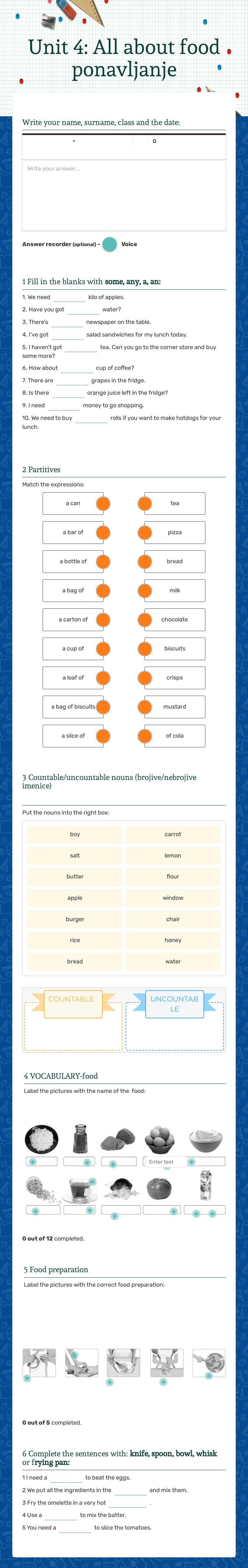 Unit 4: All about food ponavljanje Grade 5 worksheet preview