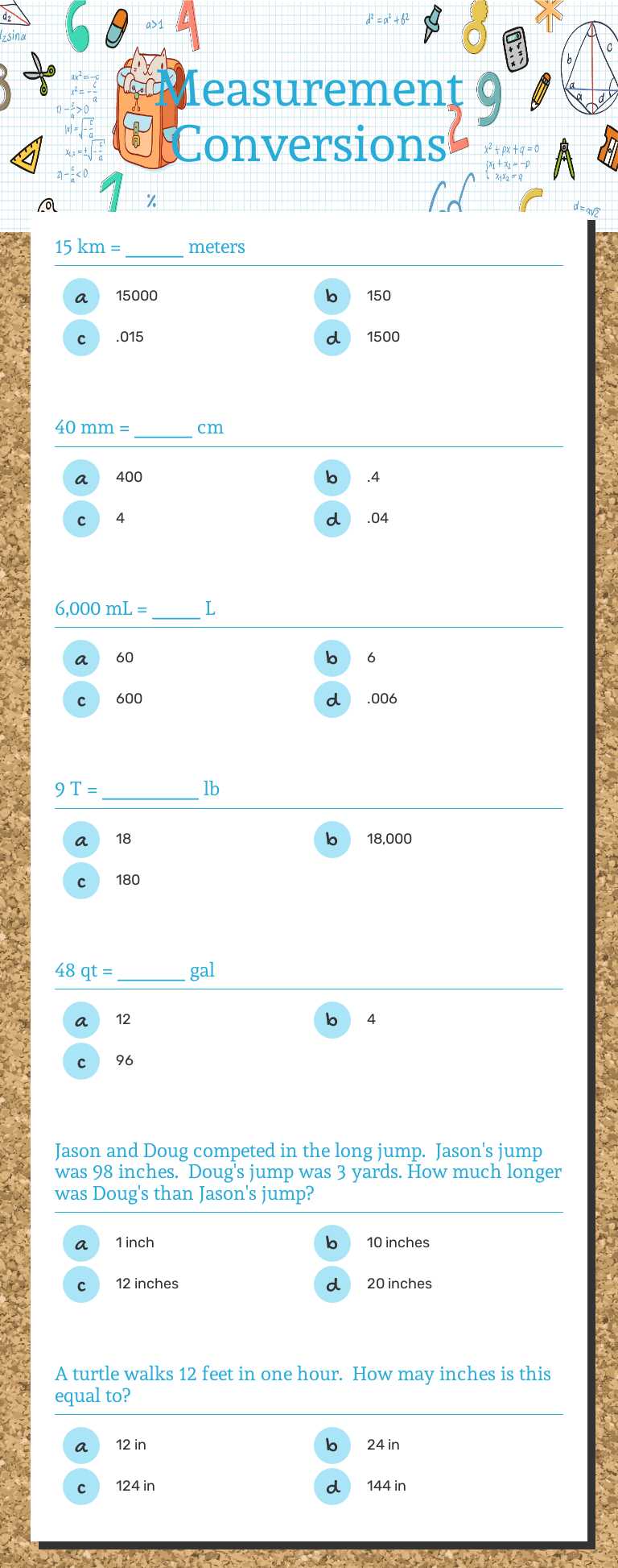 Measurement Conversions Grade 7 worksheet preview