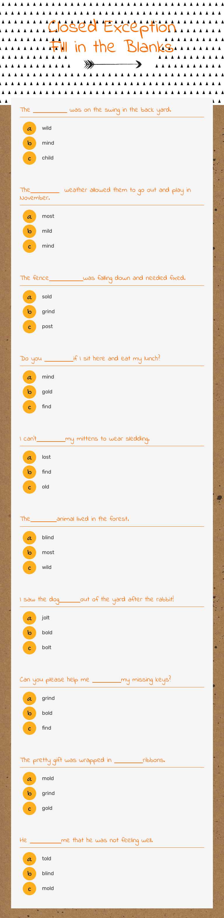 Closed Exception Fill in the Blanks Grade 2 worksheet preview