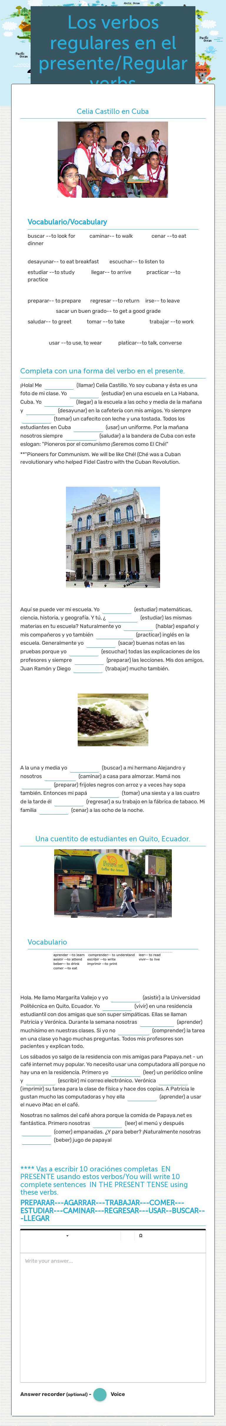 Los verbos regulares en el presente/Regular verbs Grade 10 worksheet preview