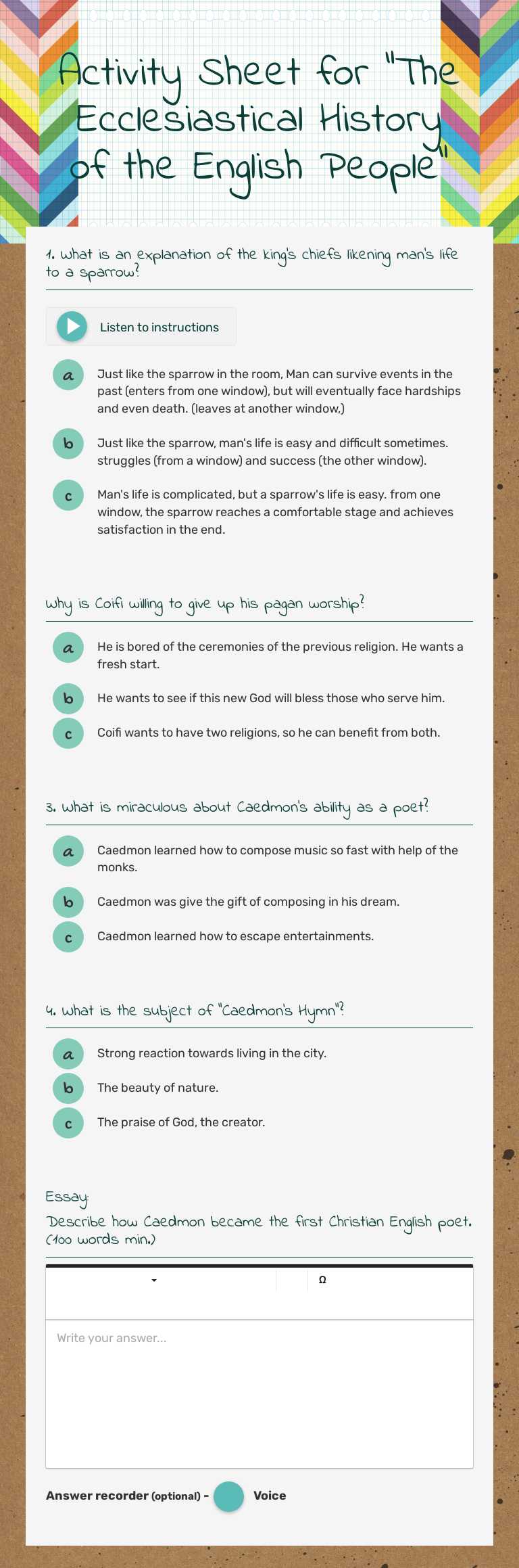 Activity Sheet for "The Ecclesiastical History of the English People" worksheet preview image