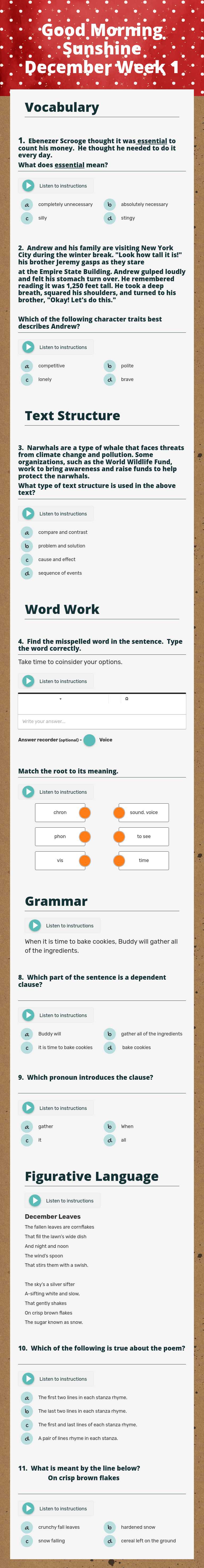Good Morning Sunshine December Week 1 worksheet preview image