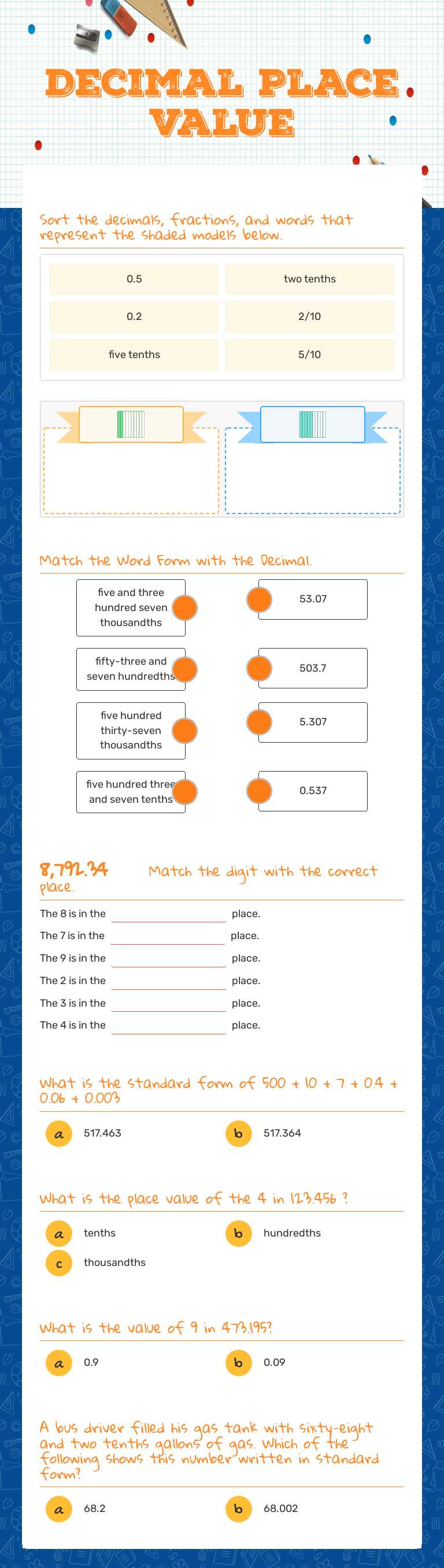 Decimal Place value Grade 4 worksheet preview