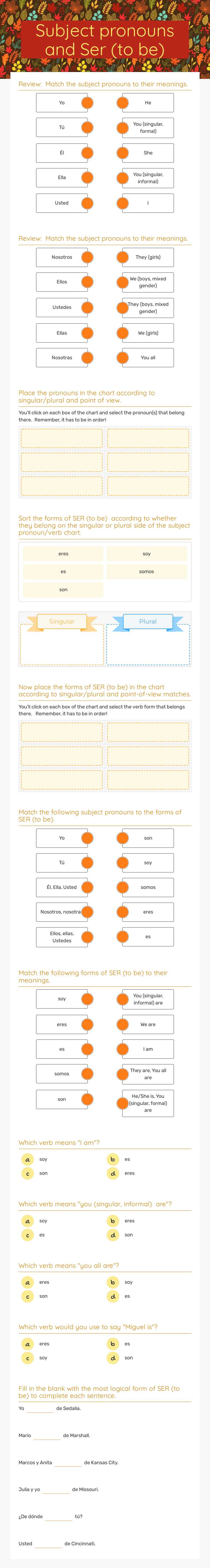 Subject pronouns and Ser (to be) worksheet preview image