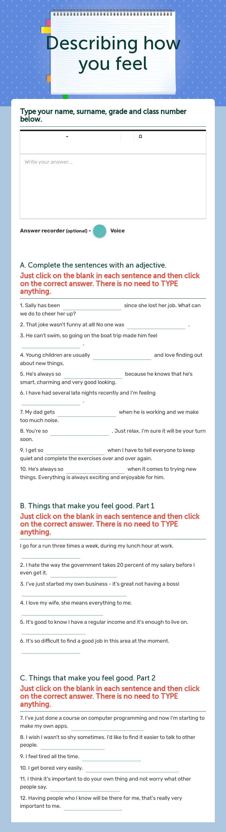Describing how you feel worksheet preview image