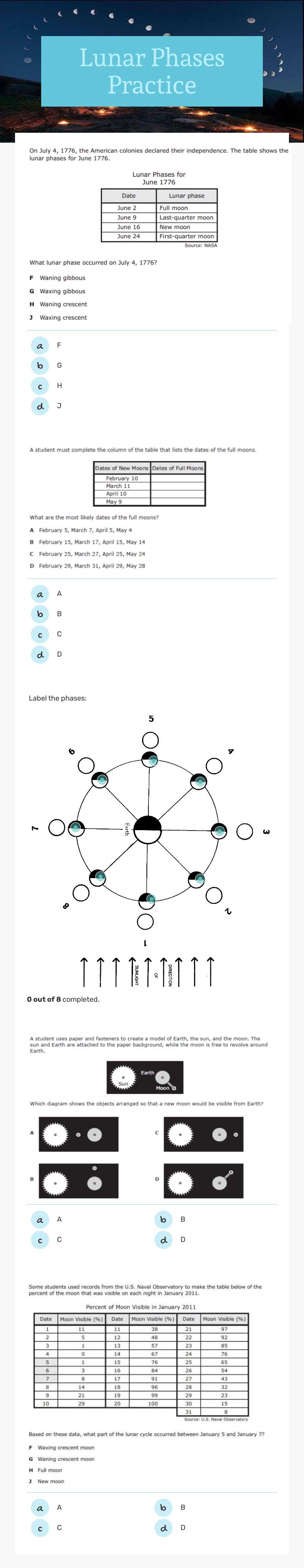Lunar Phases Practice Grade 8 worksheet preview