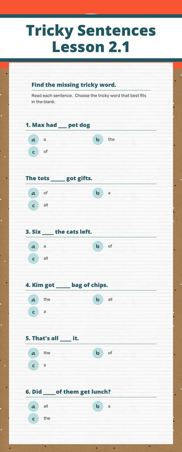 Tricky Sentences                           Lesson 2.1 worksheet preview image