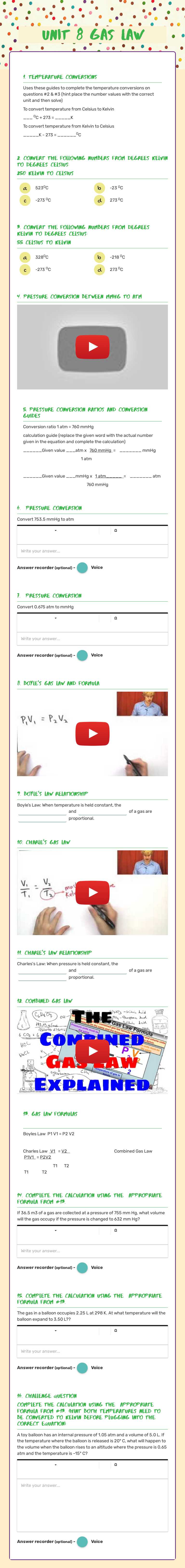 Unit 8 Gas LAW Grade 10 worksheet preview