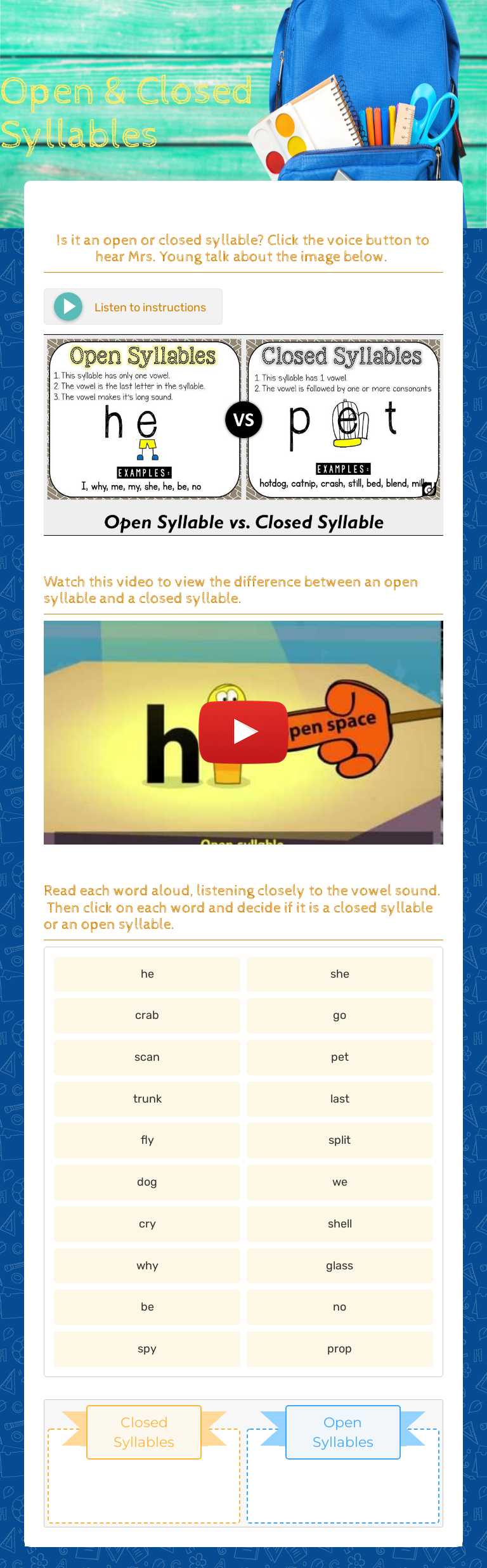 Open & Closed Syllables Grade 3 worksheet preview