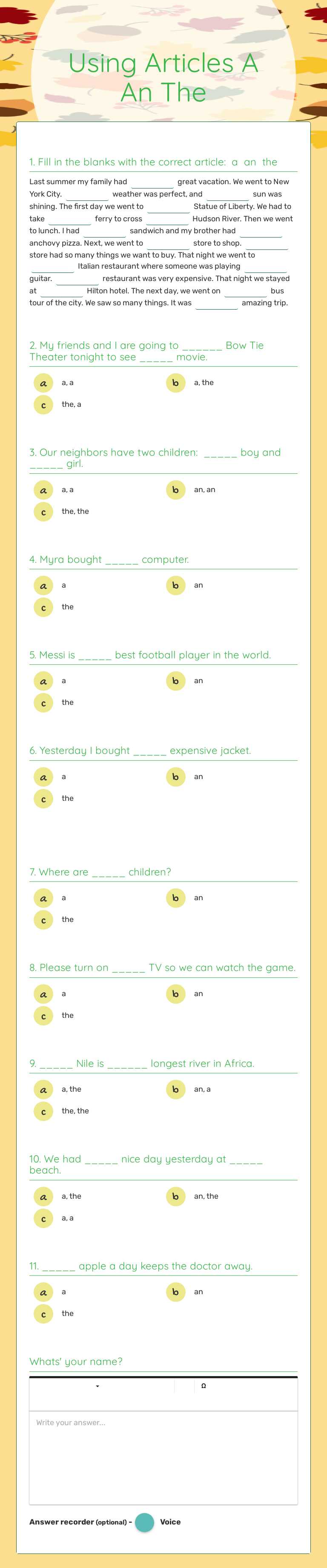 Using Articles              A An The worksheet preview image