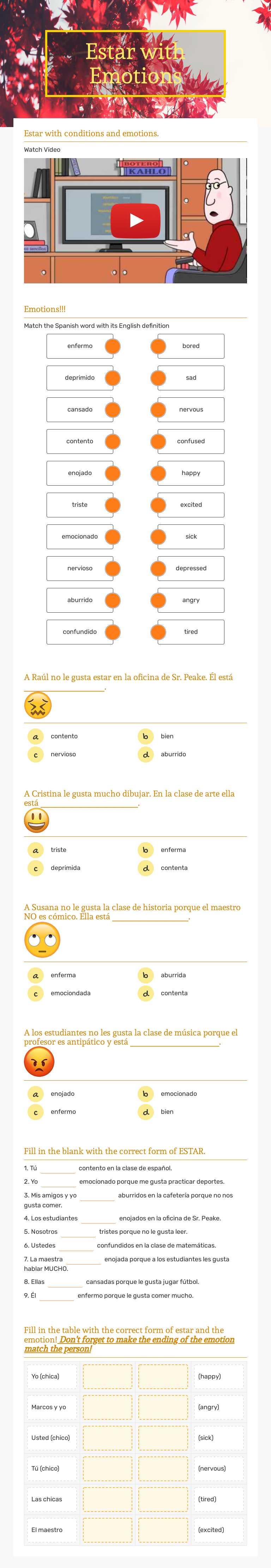 Estar with Emotions worksheet preview image