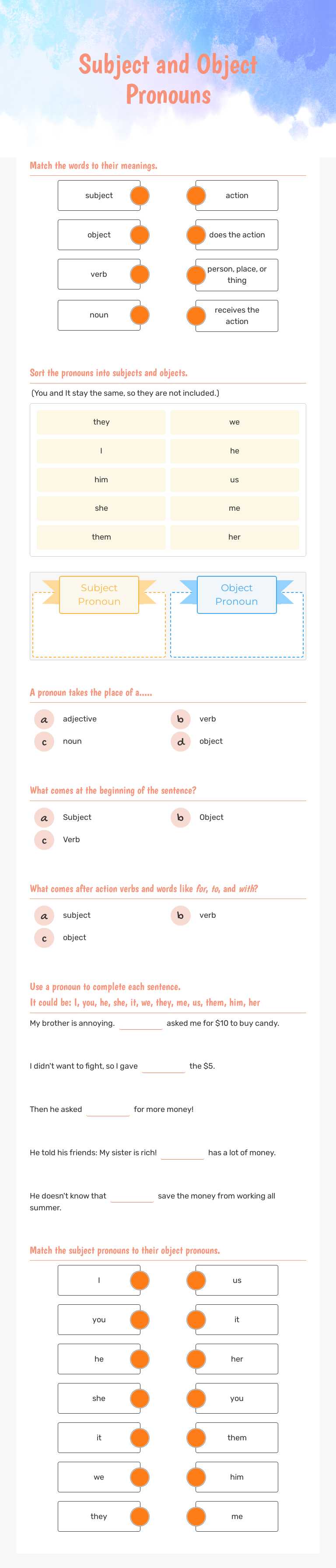 Subject and Object Pronouns worksheet preview