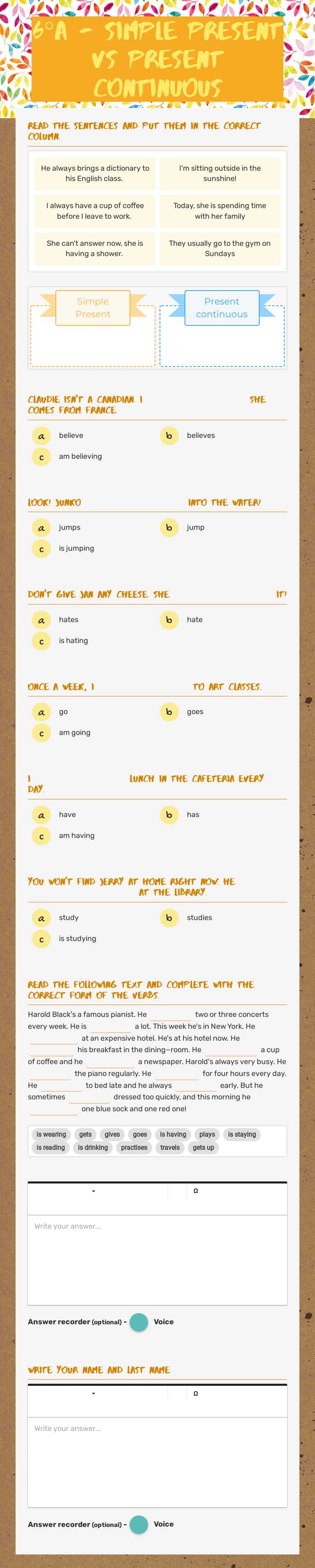 6°a - simple present vs present continuous worksheet preview image