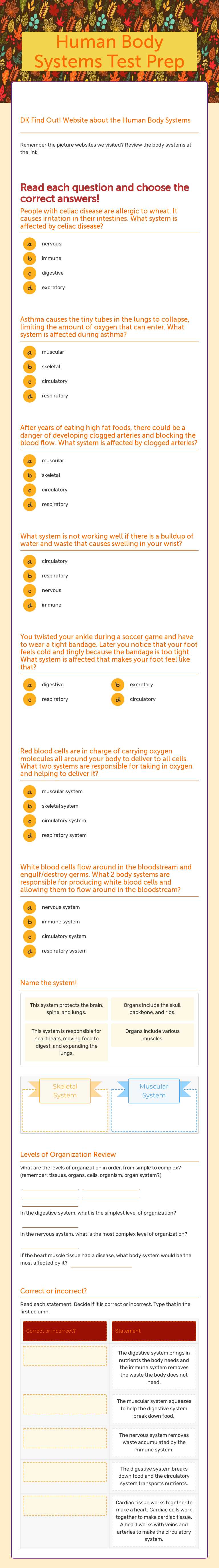 Human Body Systems  Test Prep worksheet preview image