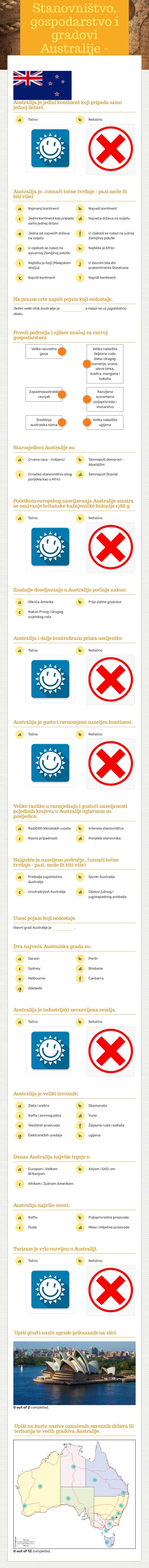 Stanovništvo, gospodarstvo i gradovi Australije - ponavljanje worksheet preview image