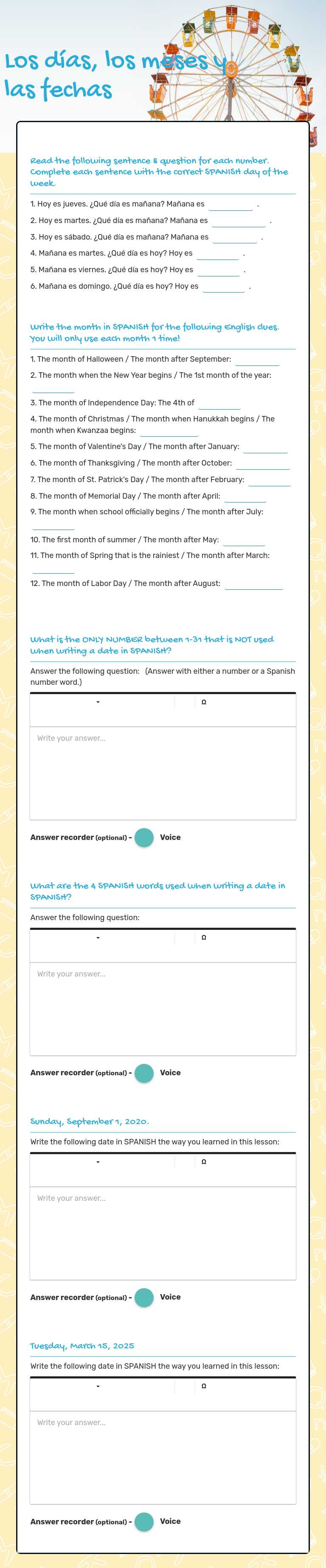 Los días, los meses y las fechas Grade 7 worksheet preview
