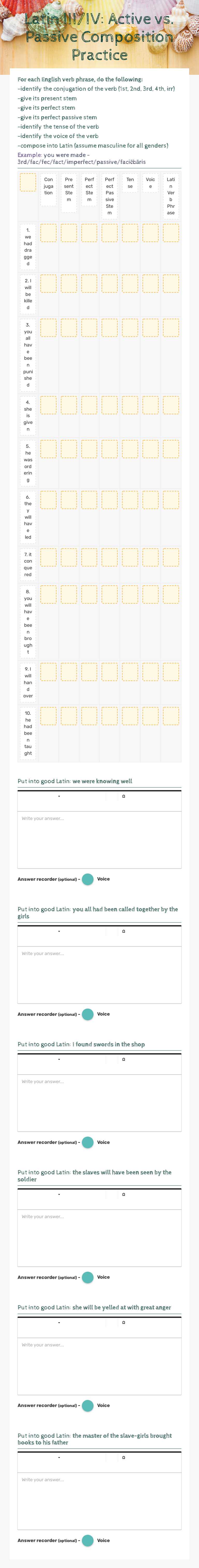Latin III/IV: Active vs. Passive Composition Practice worksheet preview image