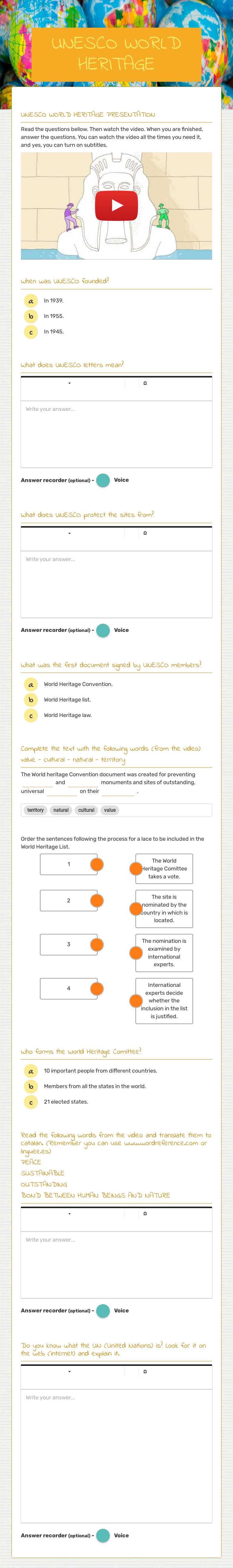 UNESCO WORLD HERITAGE worksheet preview image