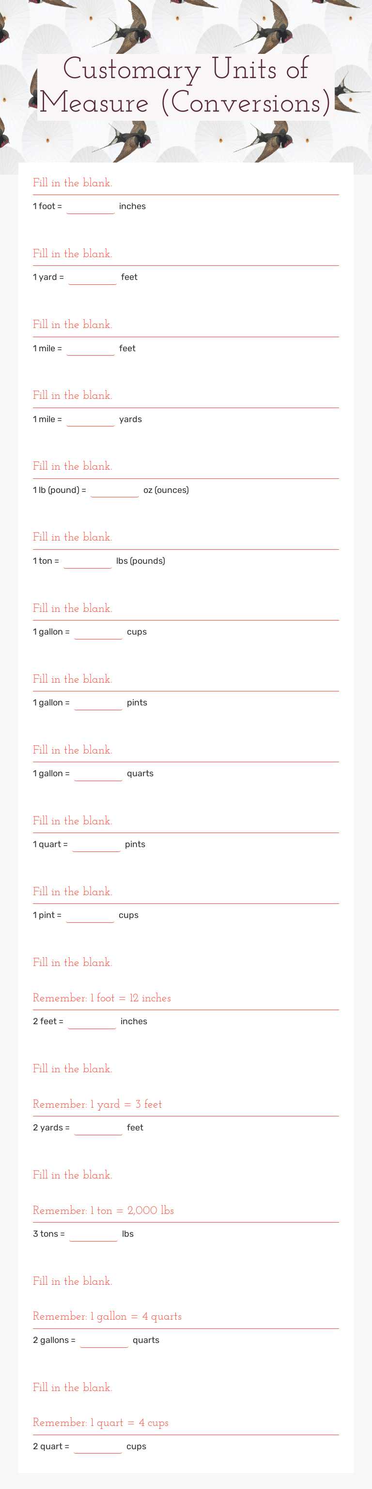 Customary Units of Measure (Conversions) worksheet preview image