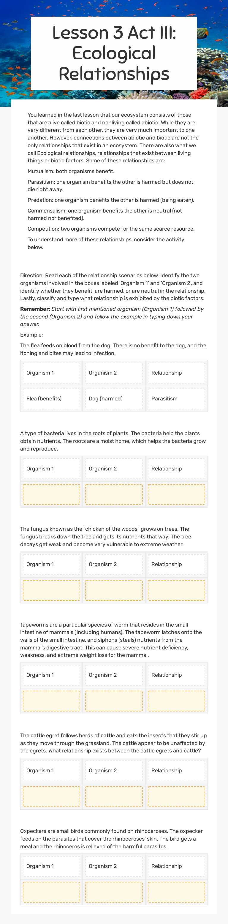 Lesson 3 Act III: Ecological Relationships worksheet preview