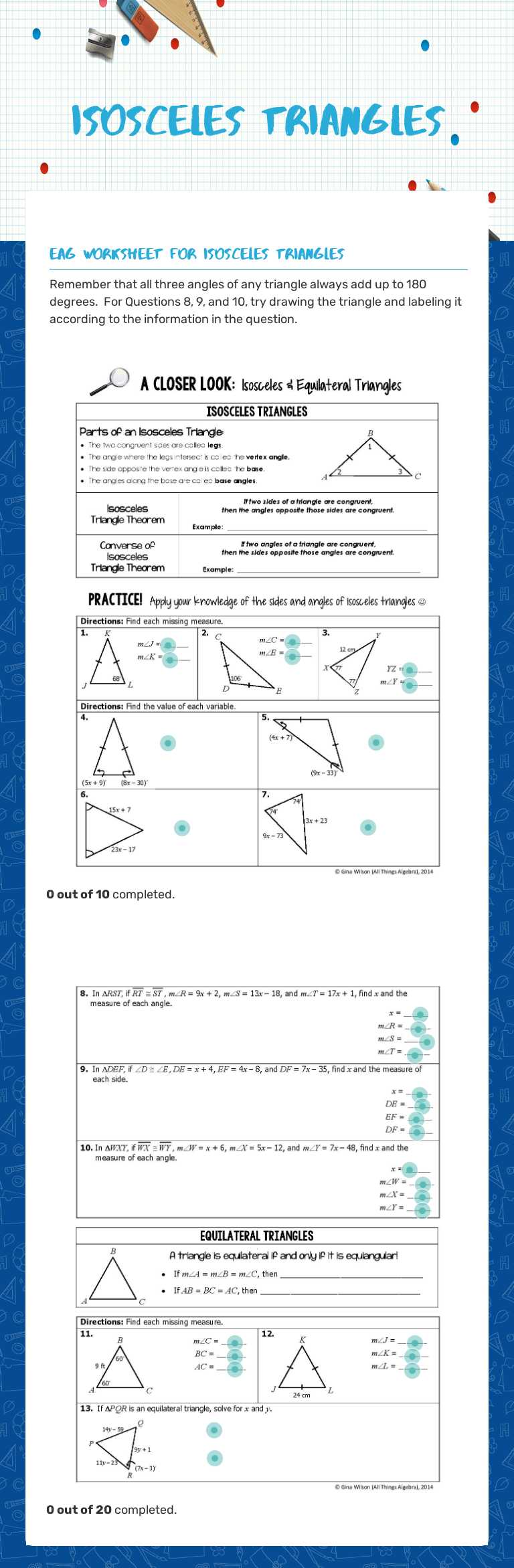 Isosceles triangles Grade 10 worksheet preview