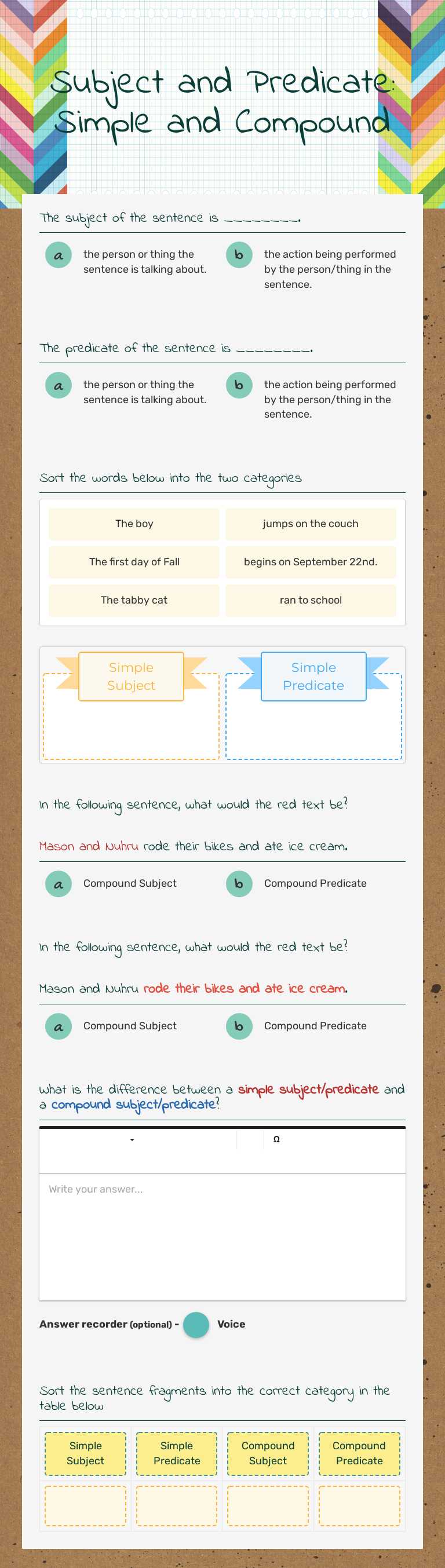 Subject and Predicate: Simple and Compound Grade 5 worksheet preview