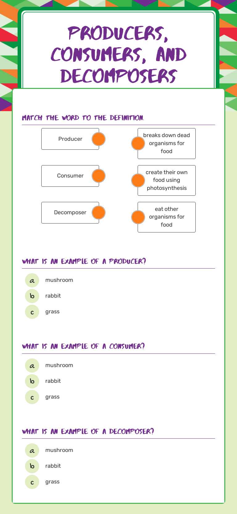 Producers, Consumers, and Decomposers worksheet preview image