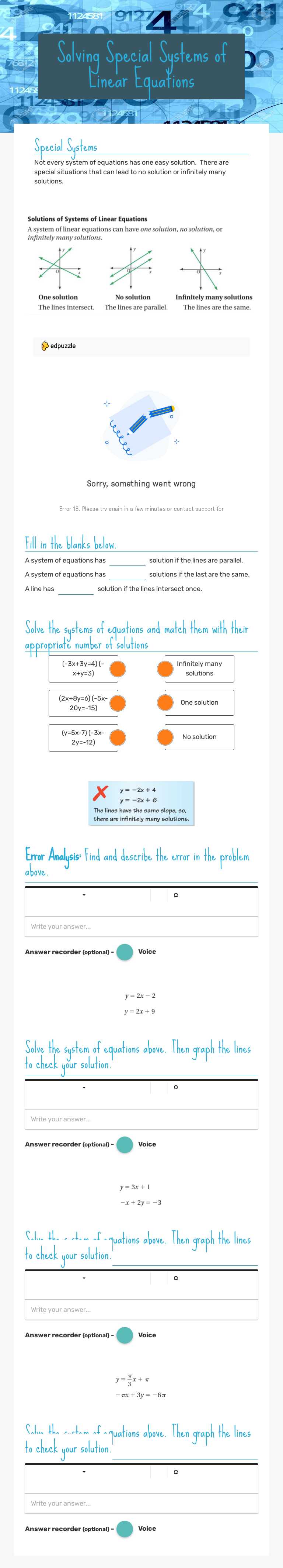 Solving Special Systems of Linear Equations worksheet preview image
