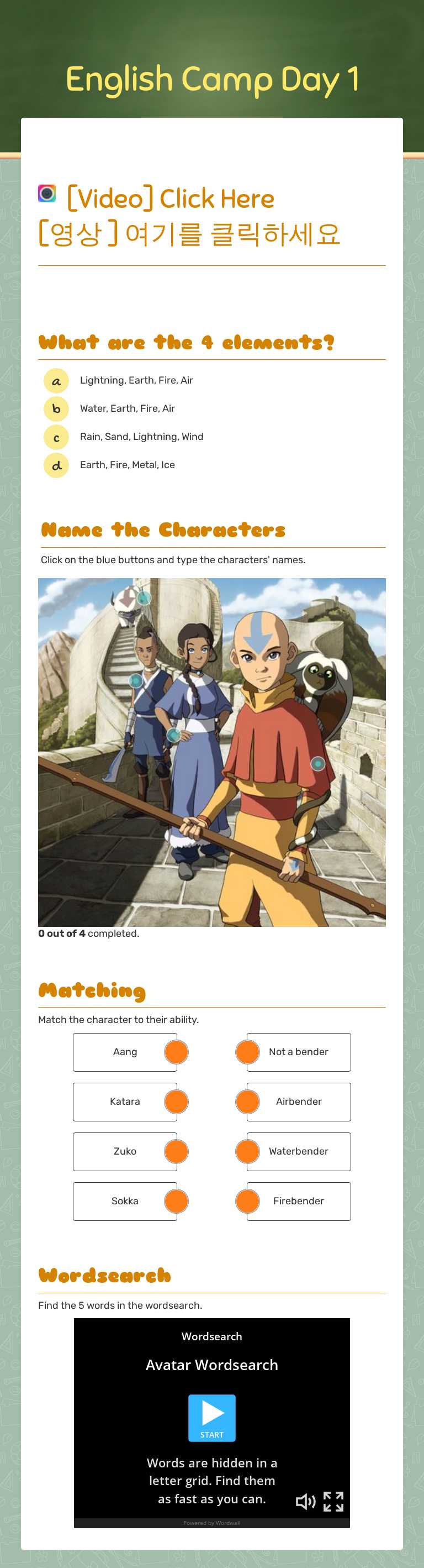 English Camp Day 1 Grade 4 worksheet preview