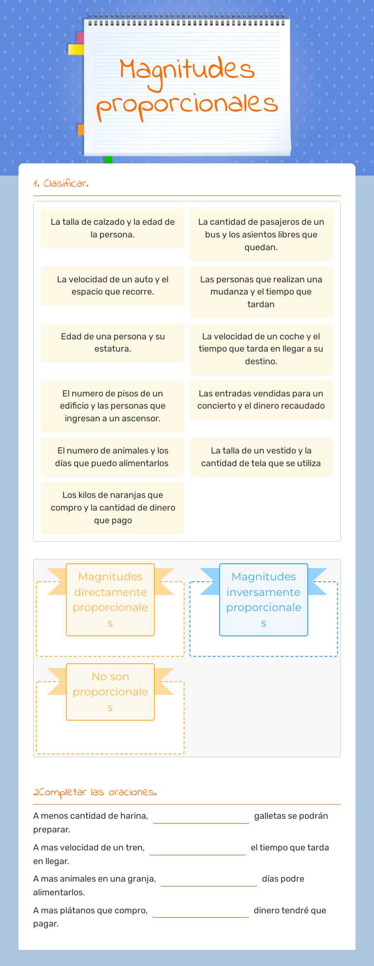 Magnitudes proporcionales worksheet preview image