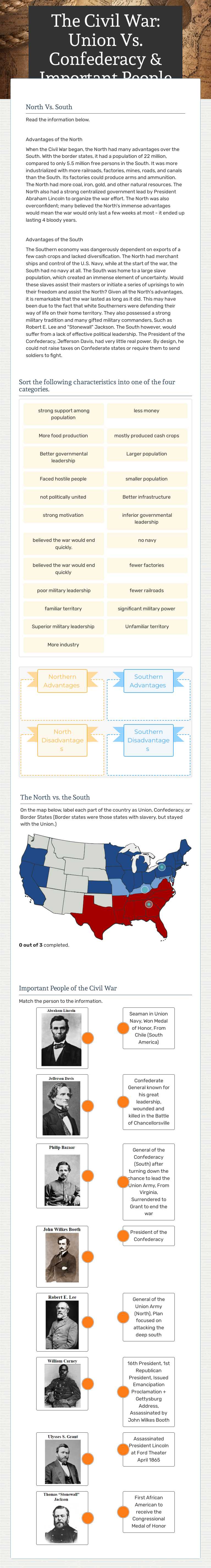 The Civil War: Union Vs. Confederacy & Important People worksheet preview image