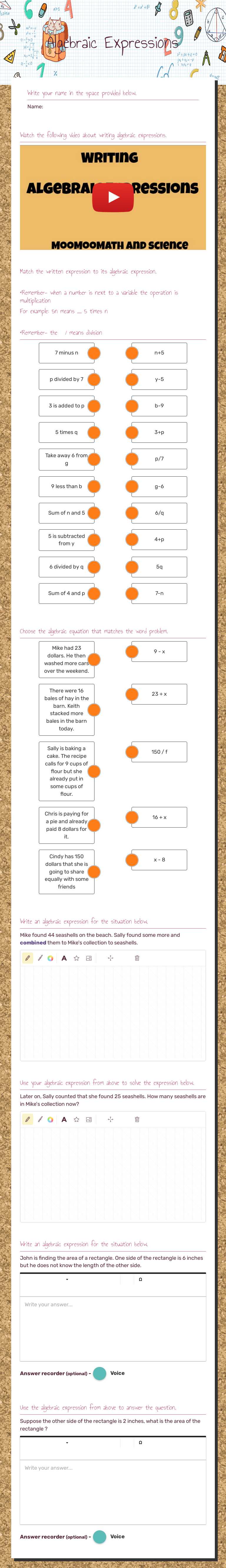 Algebraic Expressions worksheet preview image