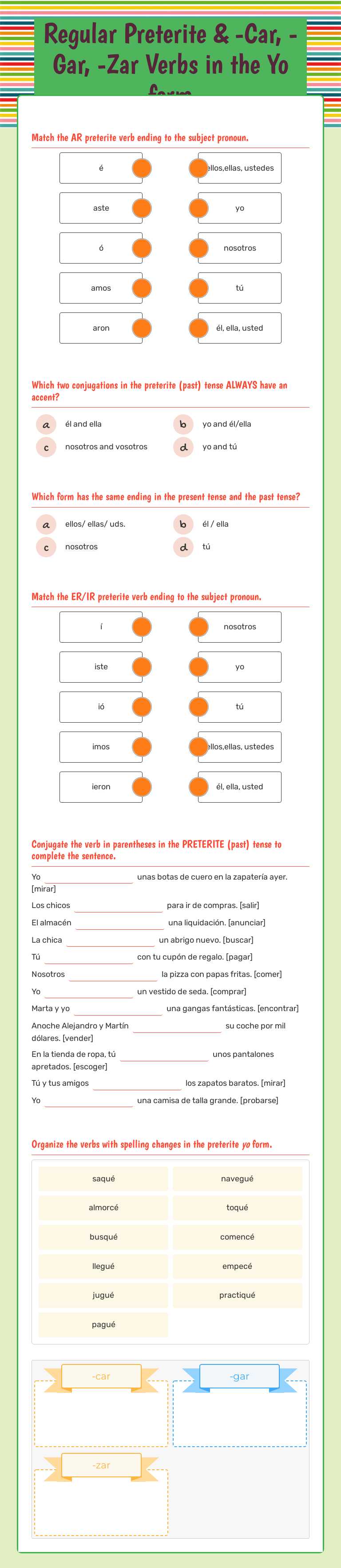 Regular Preterite & -Car, -Gar, -Zar Verbs in the Yo form worksheet preview image