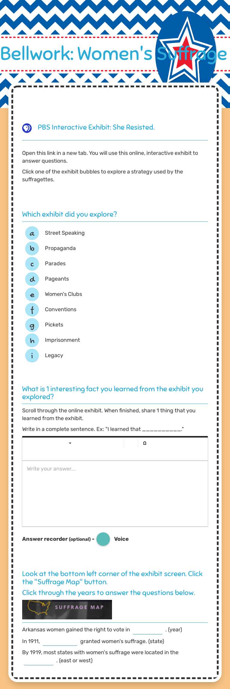 Bellwork: 
Women's Suffrage worksheet preview image