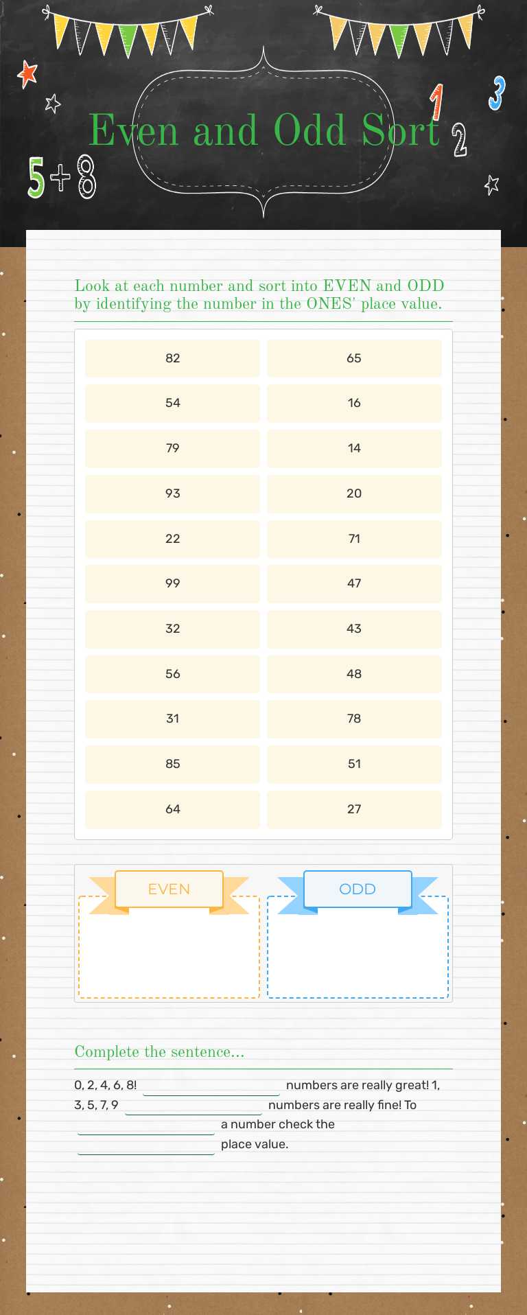 Even and Odd Sort Grade 5 worksheet preview