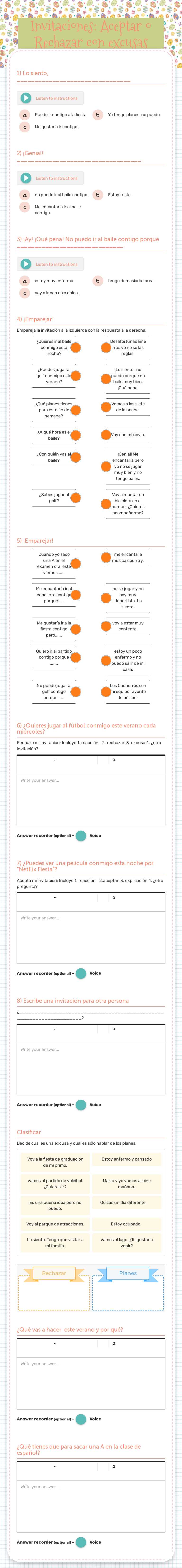 Invitaciones: Aceptar o Rechazar con excusas worksheet preview image