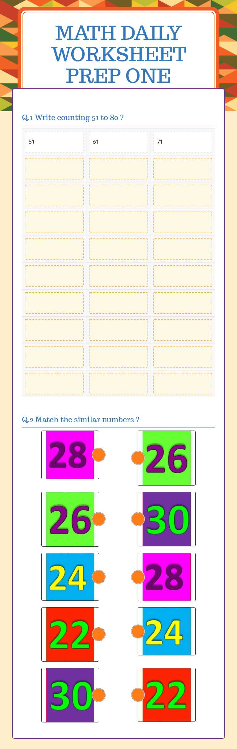 MATH DAILY WORKSHEET PREP ONE worksheet preview