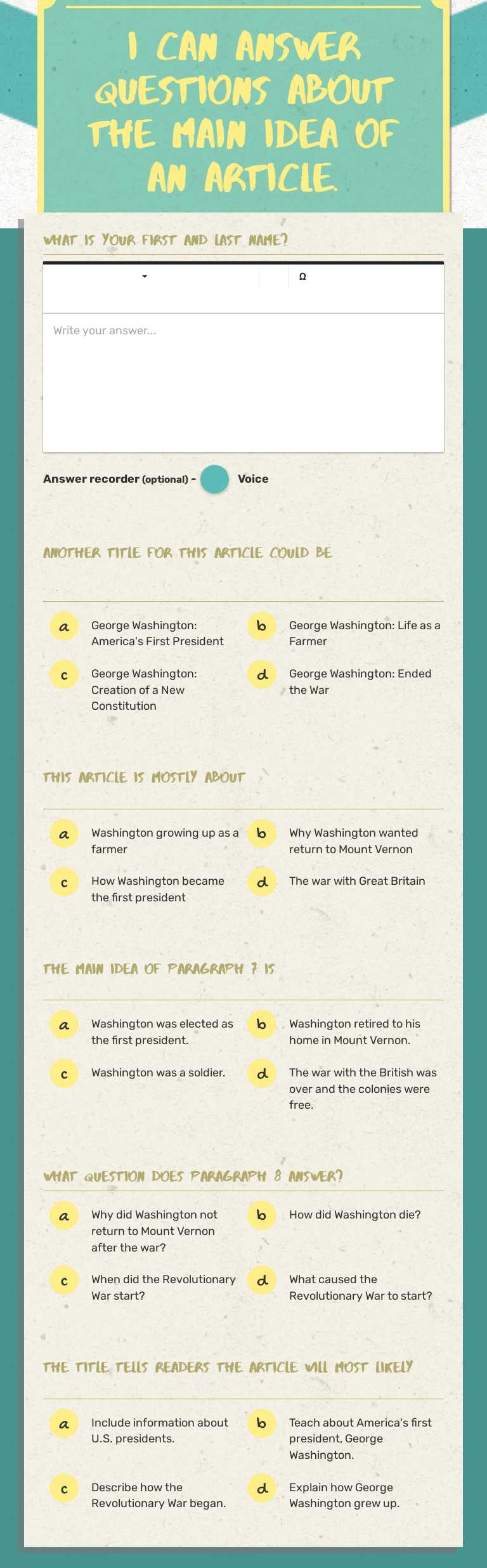 I can answer questions about the main idea of an article. worksheet preview image