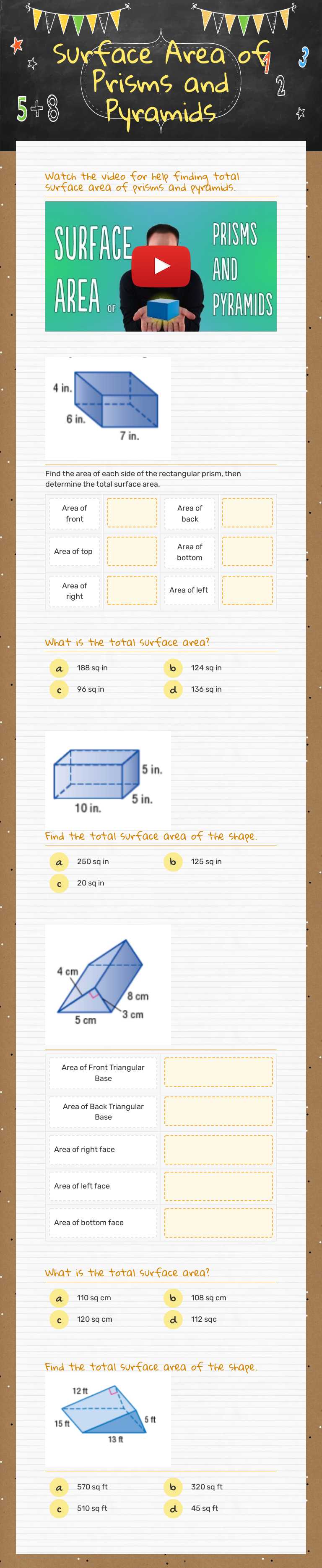 Surface Area of  Prisms and Pyramids worksheet preview image