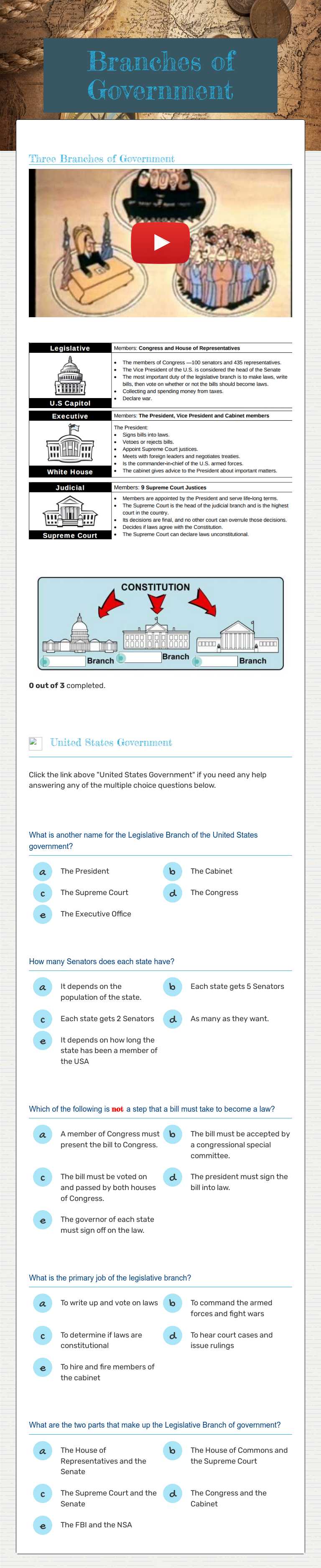 Branches of Government worksheet preview image