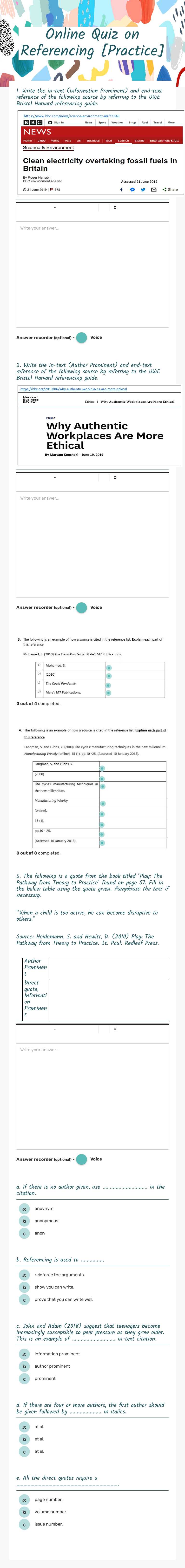 Online Quiz on Referencing [Practice] worksheet preview image
