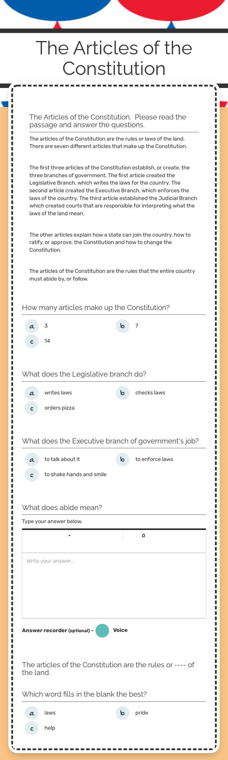 The Articles of the Constitution worksheet preview image
