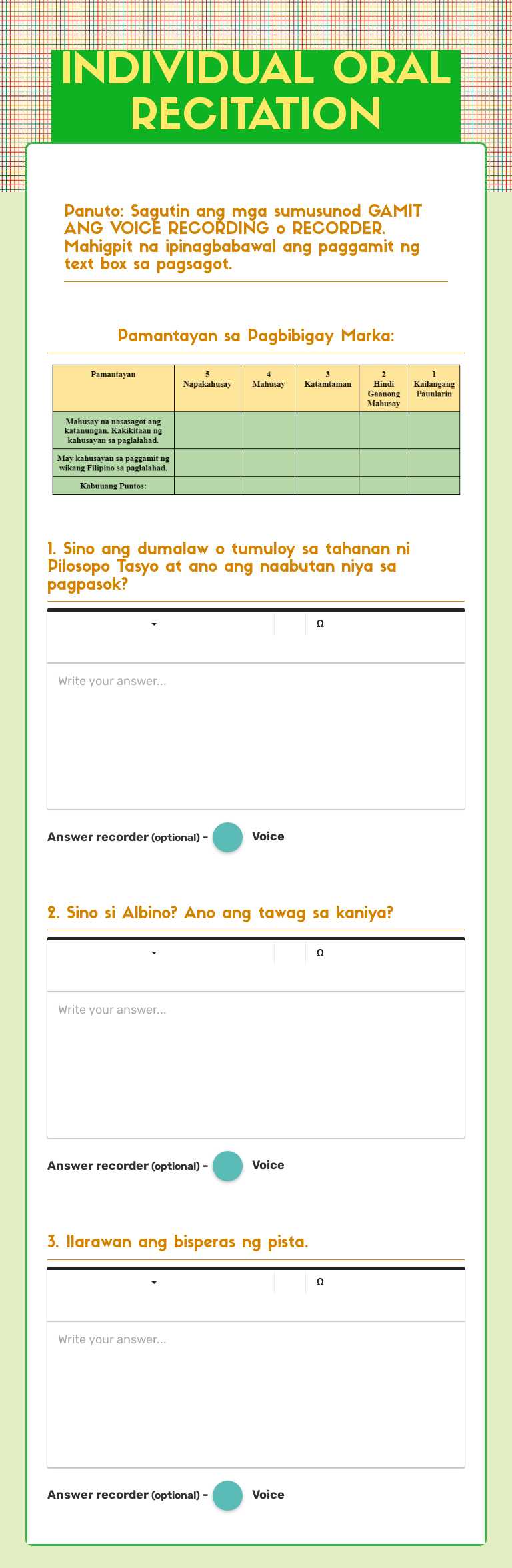 INDIVIDUAL ORAL RECITATION worksheet preview image