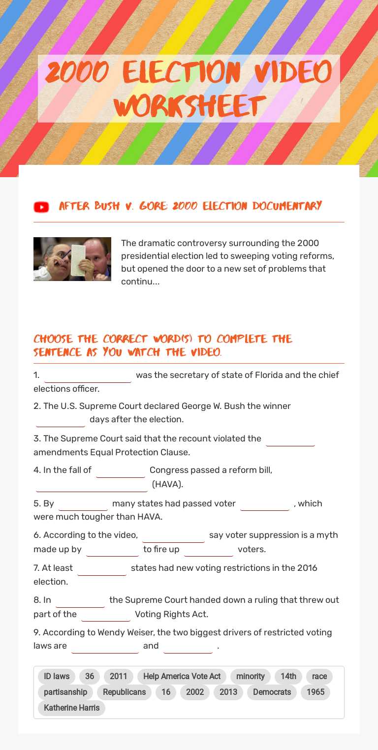 2000 Election Video Worksheet worksheet preview image