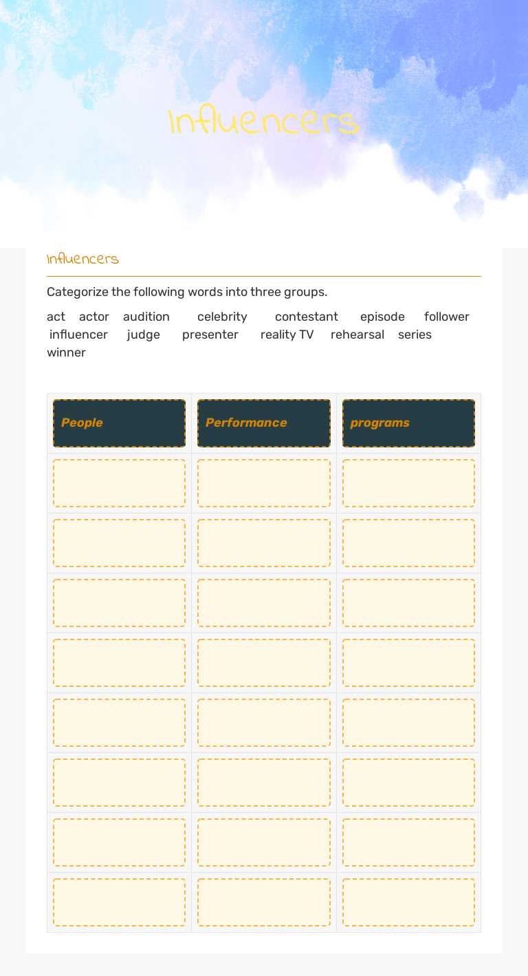 Influencers worksheet preview image