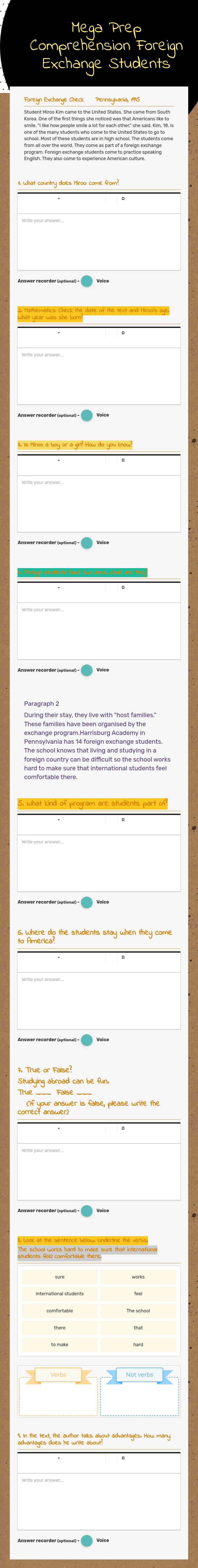 Mega Prep Comprehension Foreign Exchange Students worksheet preview