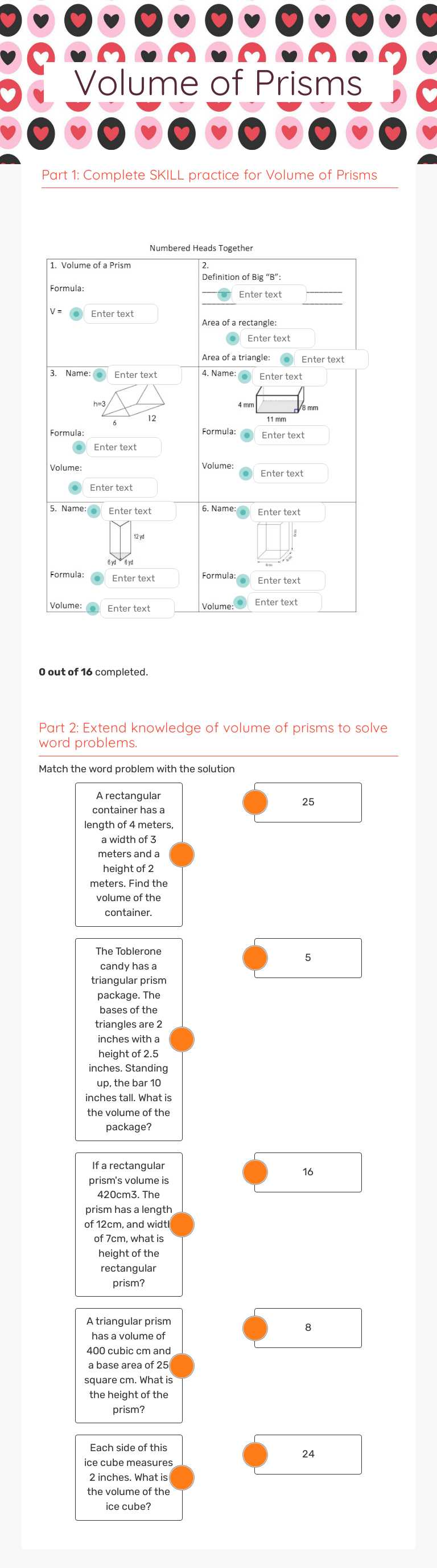Volume of Prisms Grade 7 worksheet preview