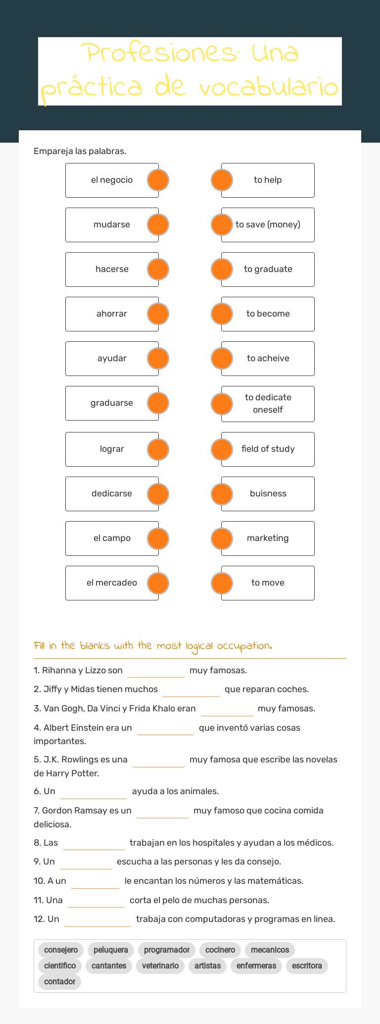 Profesiones: Una práctica de vocabulario worksheet preview image